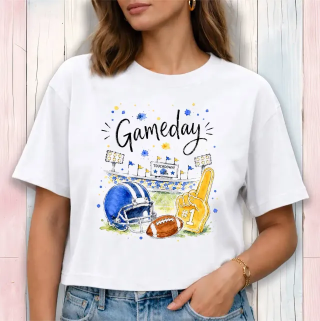 Avery Lane Gifts Gameday Cropped T-shirt hvid Royal Blue Gold