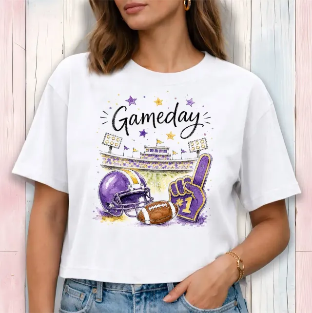 Avery Lane Gifts Gameday Football Purple Gold cropped t-shirt