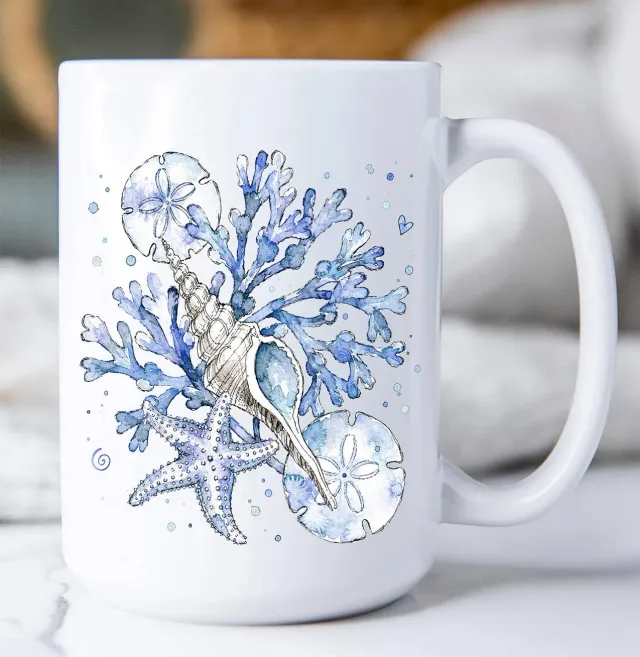 Avery Lane Gifts Coastal Blue Sand Dollar kaffekrus 15 oz