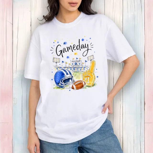 Avery Lane Gifts Gameday Football Royal Blue Gold t-shirt hvid