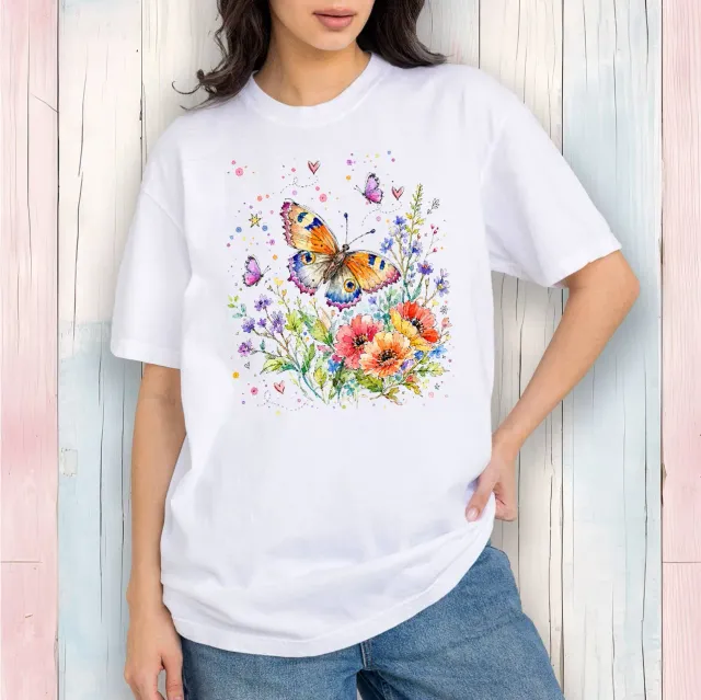 Avery Lane Gifts Whimsical Butterflies Flowers t-shirt hvid bomuld