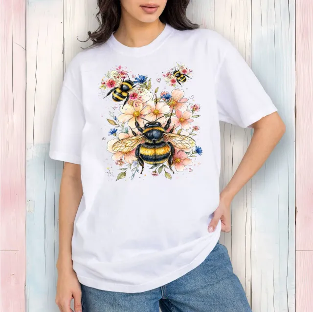 Avery Lane Gifts Watercolor Bees Flowers T-shirt hvid bomuld