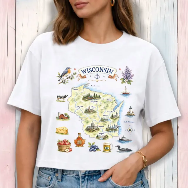 Avery Lane Gifts Wisconsin Map cropped t-shirt hvid bomuld