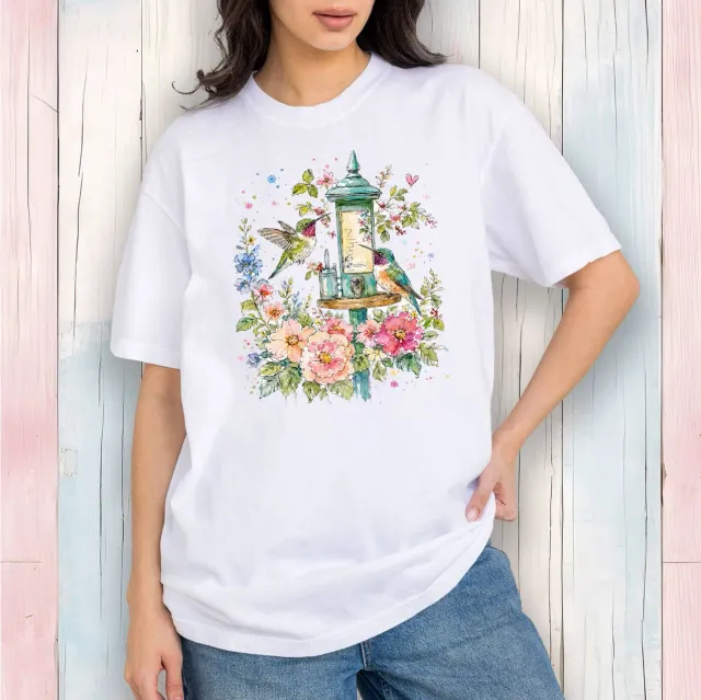 Avery Lane Gifts Spring Flowers Hummingbirds t-shirt hvid bomuld