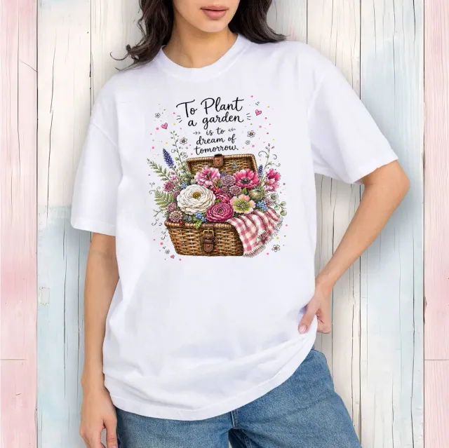 Avery Lane Gifts Plant Garden t-shirt hvid blomsterkurv 100% bomuld