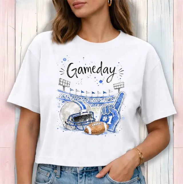 Avery Lane Gifts Gameday Football Silver Royal Blue cropped t-shirt hvid