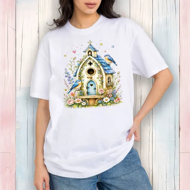 Avery Lane Gifts Watercolor Birdhouse t-shirt hvid bomuld