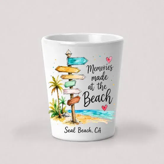 Avery Lane Gifts Memories at the Beach Seal Beach shotglas hvid keramik