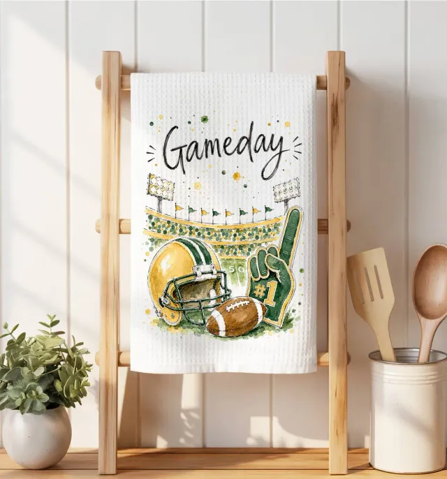 Avery Lane Gifts Gameday Football Gold & Green mikrofiberklud vaffelvævet
