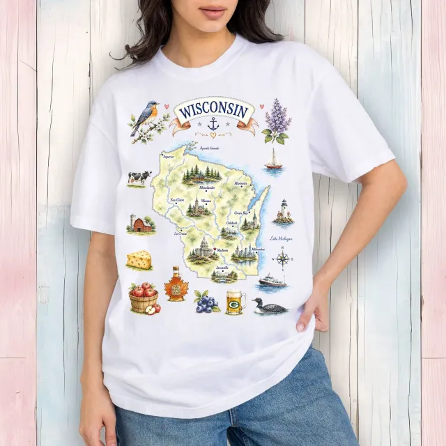 Avery Lane Gifts Wisconsin State Map Landmark t-shirt hvid S bomuld