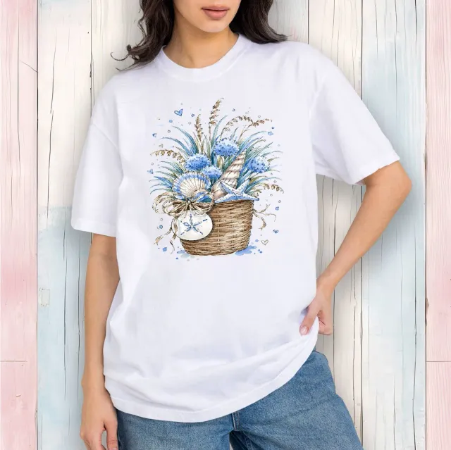 Avery Lane Gifts Coastal Blue Baskets of Shells T-shirt hvid bomuld