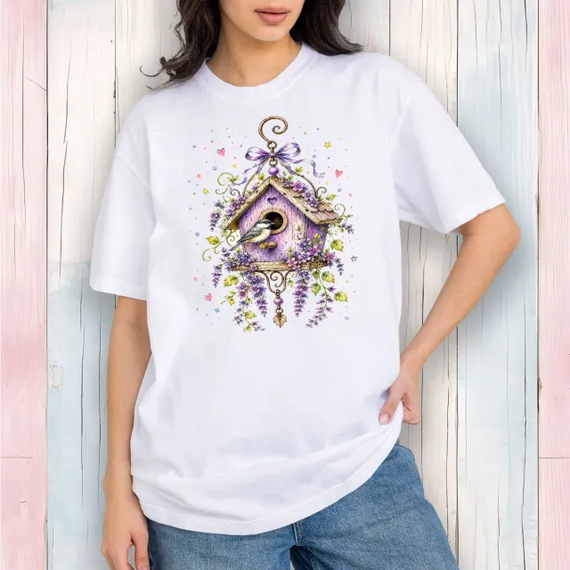 Avery Lane Gifts Lavender Birdhouse t-shirt hvid bomuld