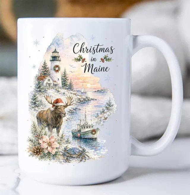 Avery Lane Gifts Christmas in Maine State Map krus 44 cl hvid