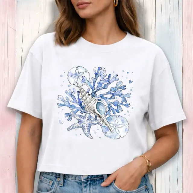 Avery Lane Coastal Blue cropped T-shirt hvid bomuld Large