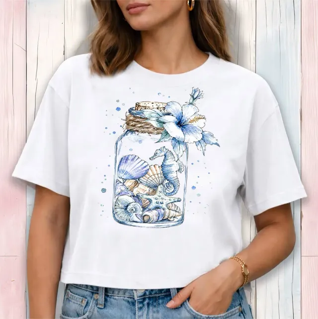 Avery Lane Gifts Coastal Sea Shells cropped t-shirt hvid bomuld