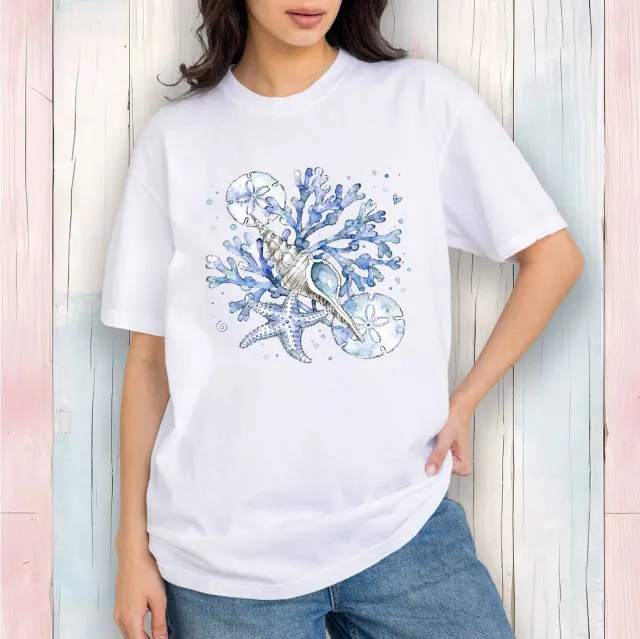 Avery Lane Gifts Coastal Blue Sand Dollar t-shirt hvid