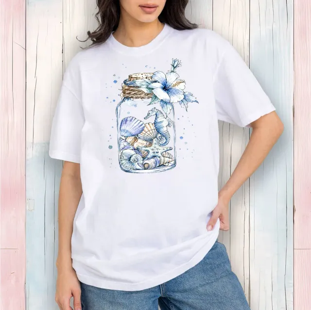 Avery Lane Gifts Coastal Blue Sea Shells in a Jar T-shirt hvid