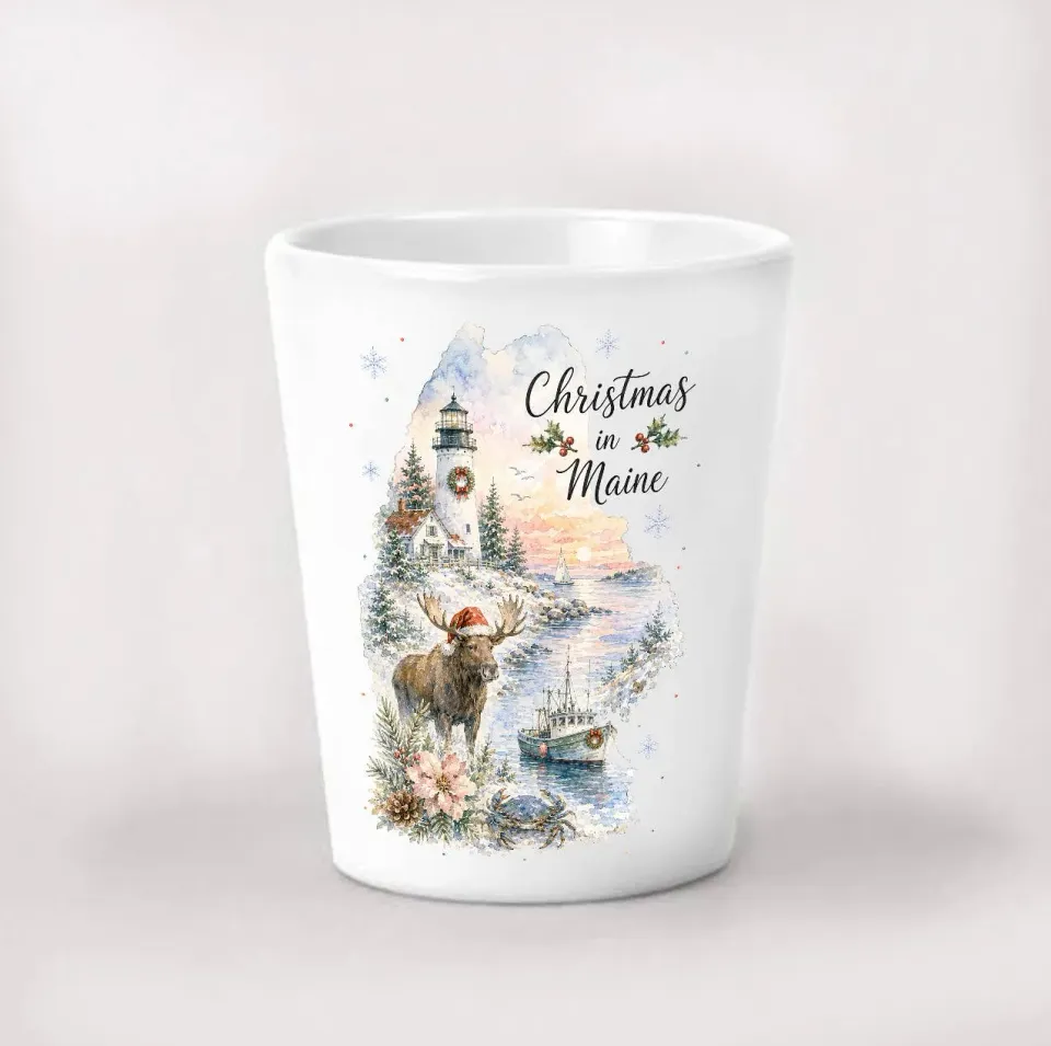 Avery Lane Gifts Christmas in Maine shotglas 1,5 oz hvidt kortmotiv