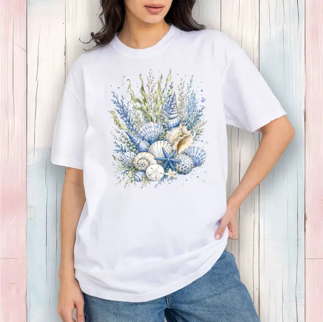 Avery Lane Gifts Coastal Blue Sea Shells Bouquet t-shirt hvid bomuld